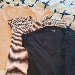 SET OF THREE Madewell Whisper Cotton Tees in Black, Maroon Stripe, Peach Cream
